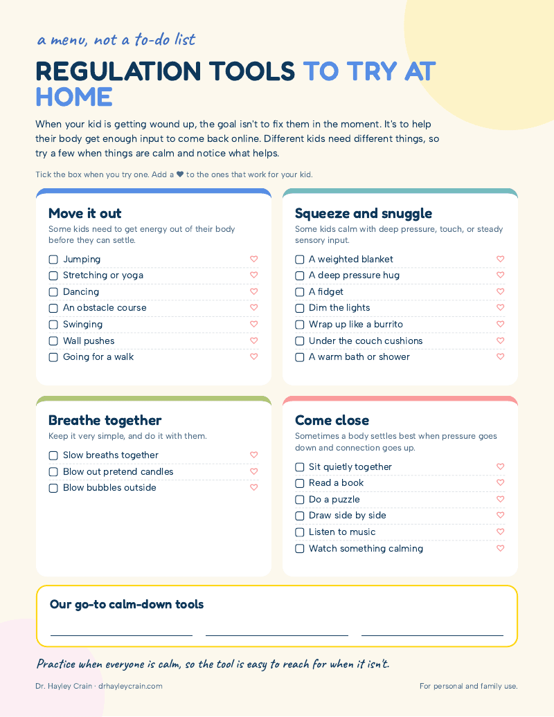 Preview of the one-page Regulation Tools printable: four groups of calming ideas (Move it out, Squeeze and snuggle, Breathe together, Come close) with tick boxes